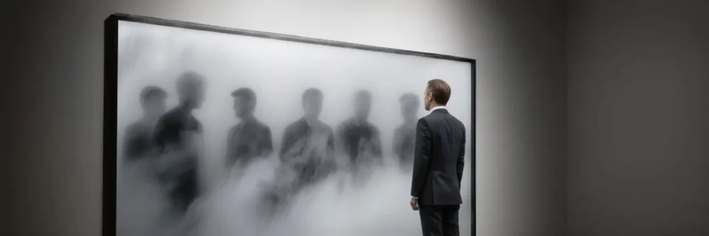Ein Mann im Anzug steht vor einer Wandinstallation, die mehrere neblige Silhouetten zeigt; eine visuelle Metapher für Selbstreflexion und die Auseinandersetzung mit verschiedenen Identitäten.