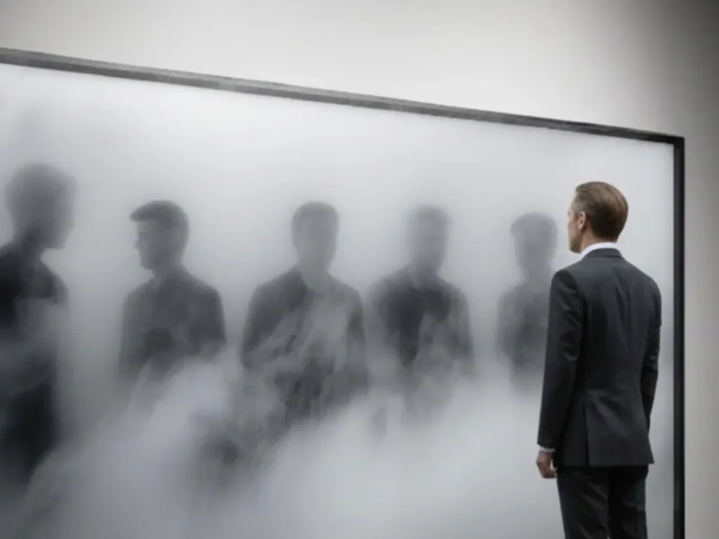 Mann vor Spiegelbildern aus Nebel: Eine Metapher für Selbstreflexion.
