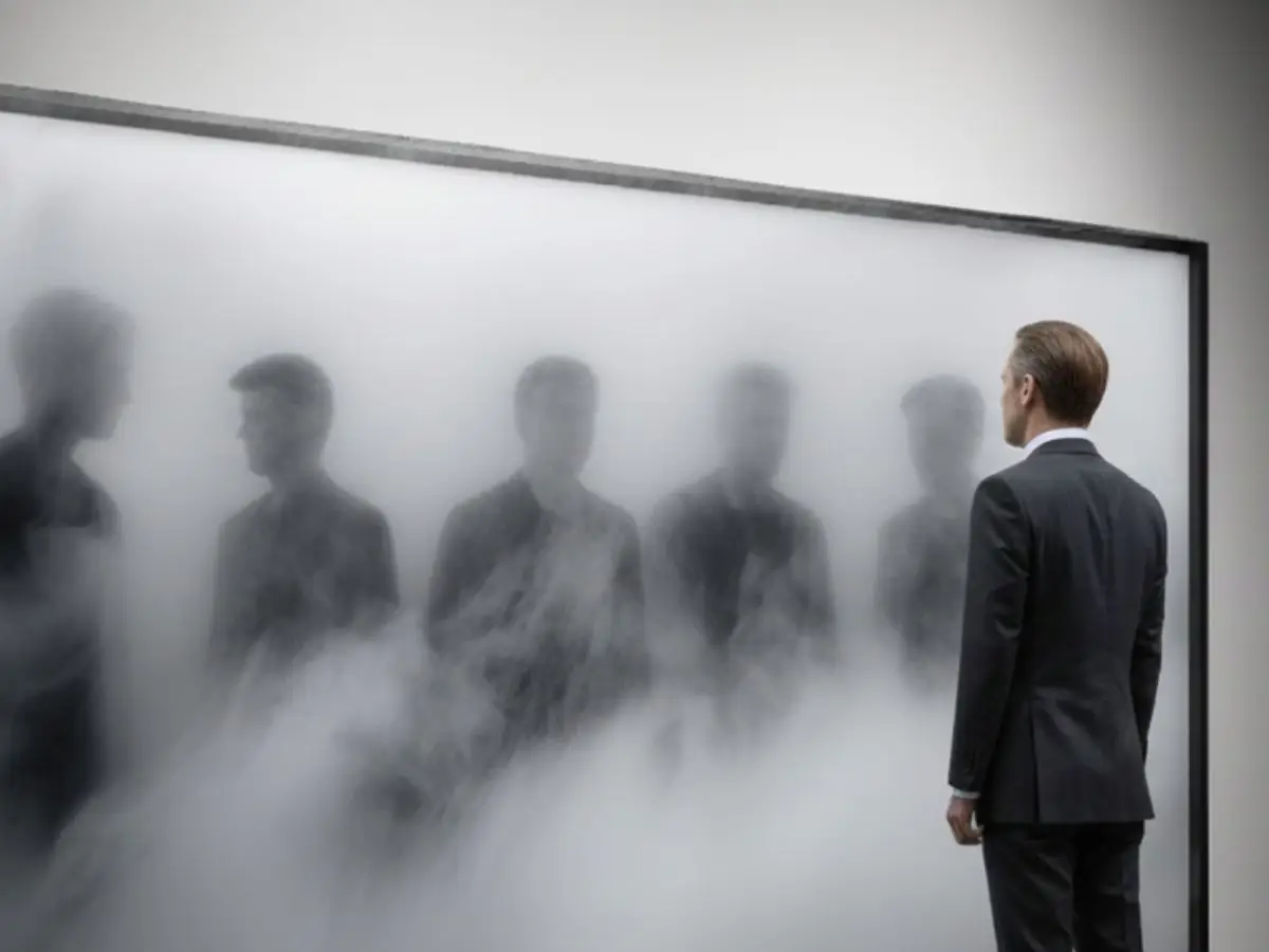 Mann vor Spiegelbildern aus Nebel: Eine Metapher für Selbstreflexion.