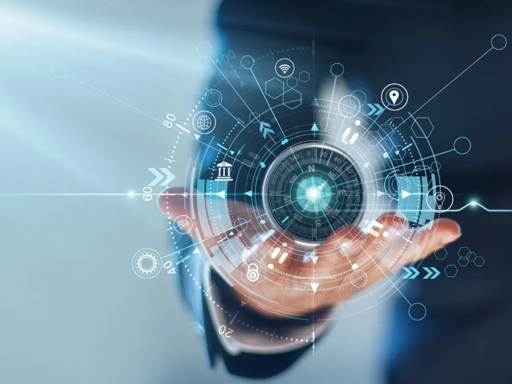 Digitale Kompass-Grafik in der Hand eines Unternehmers – Symbol für Orientierung, Strategie und Kontrolle im Business-Alltag