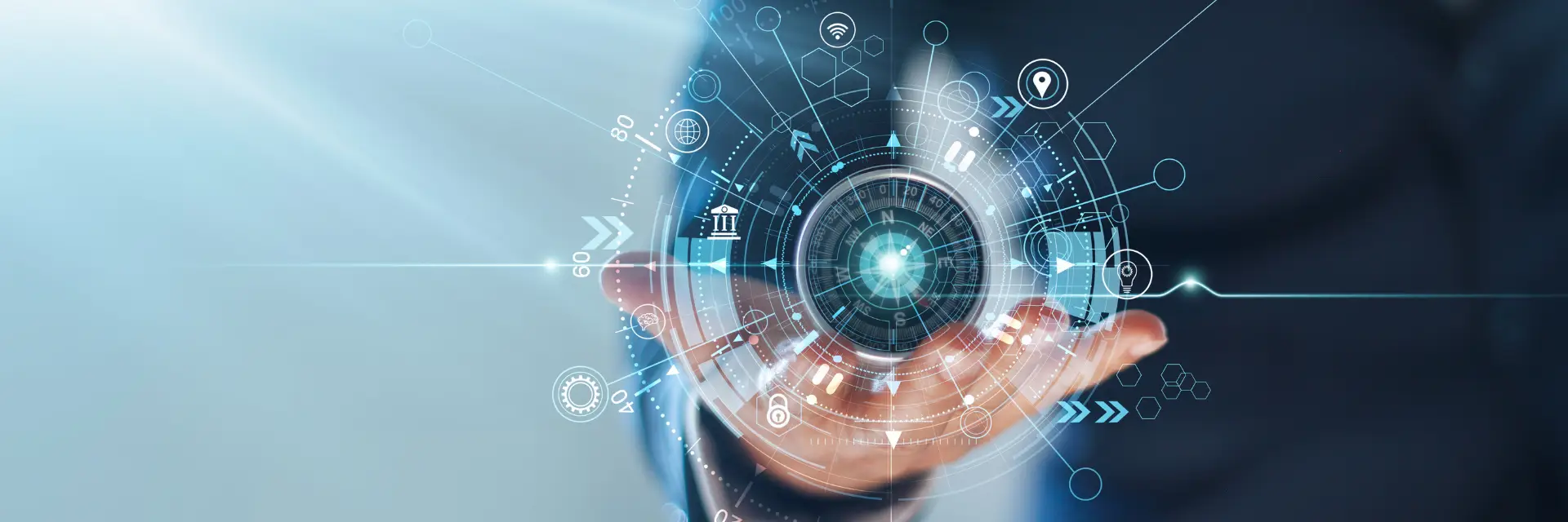 Unternehmer mit digitalem Kompass – Symbol für Kontrolle, Orientierung und Strategie im Business-Alltag.