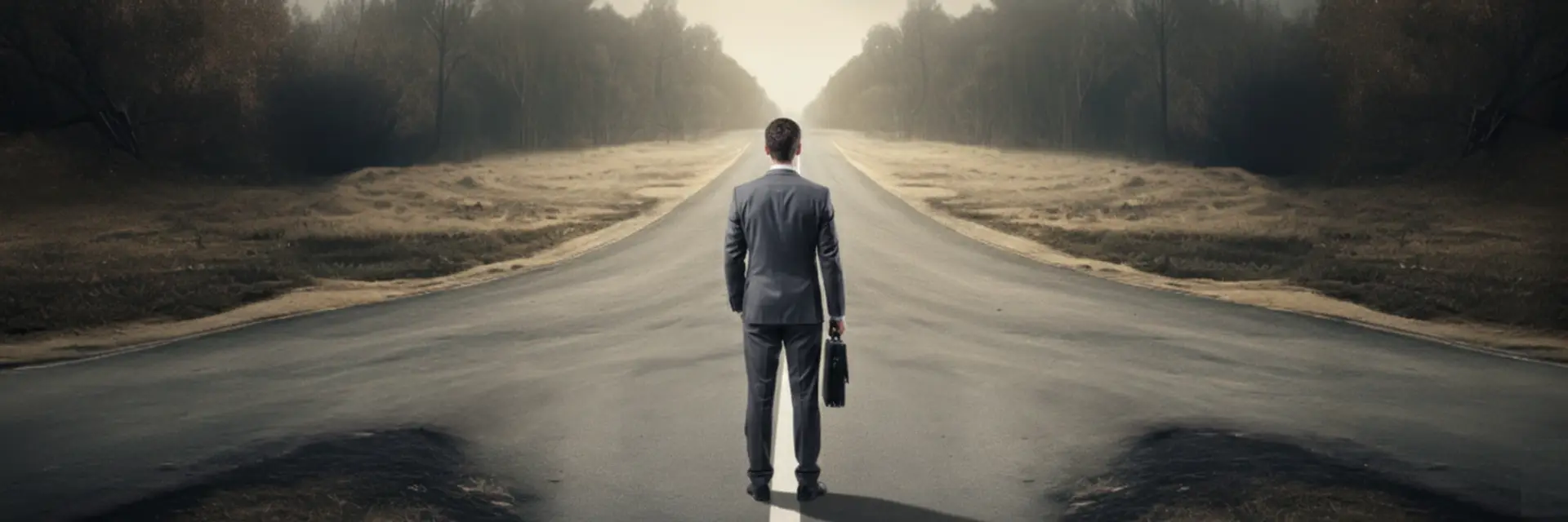 Orientierung: Unternehmer steht an einer Weggabelung ohne klare Richtung und muss eine Entscheidung treffen.