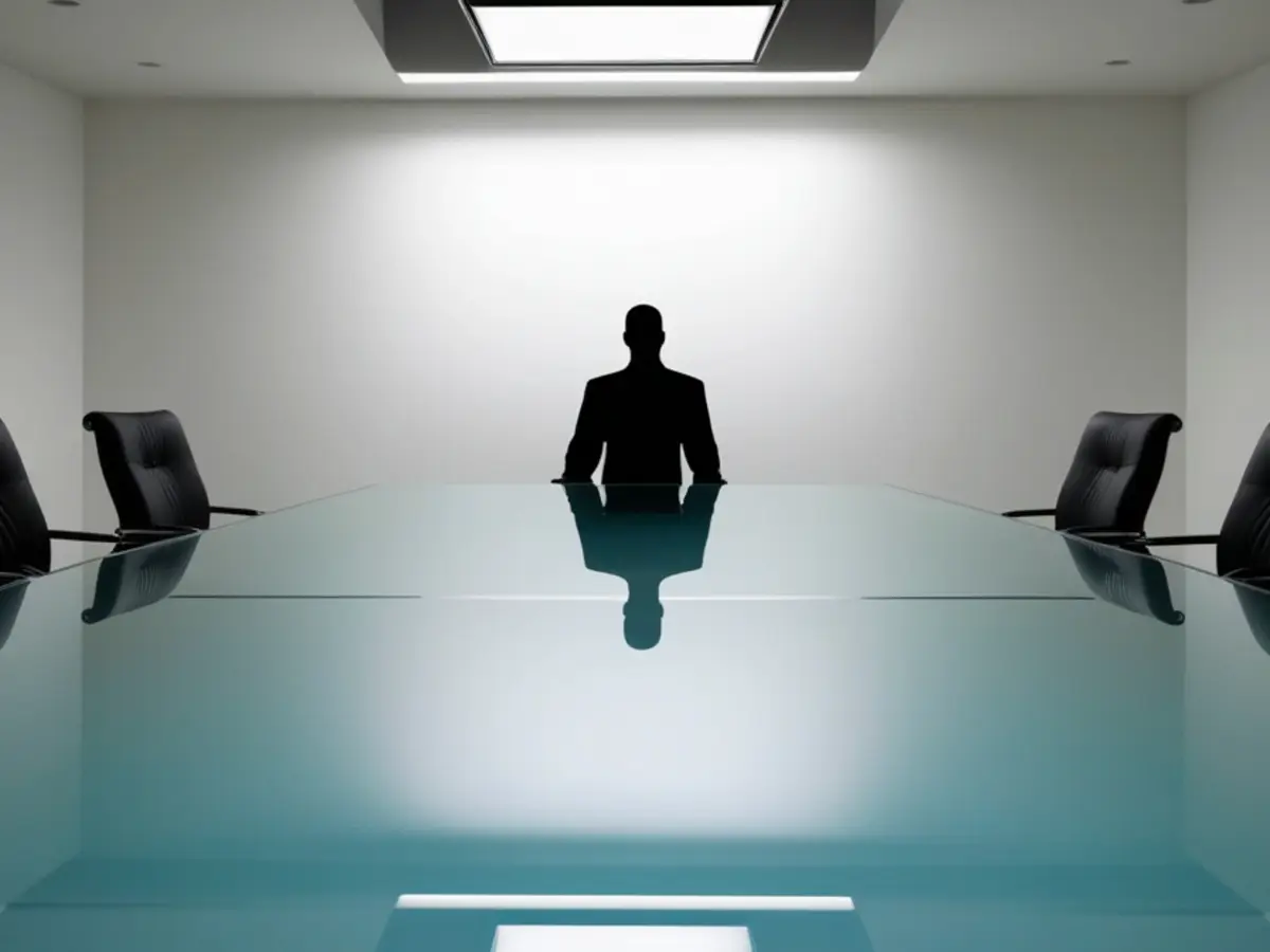 Führungskraft sitzt allein am Konferenztisch – Moment der Entscheidung im leeren Besprechungsraum.