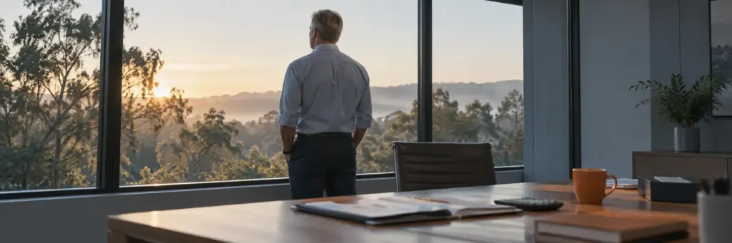Unternehmer steht am Bürofenster und blickt auf eine Landschaft im Morgenlicht, im Vordergrund ein Schreibtisch mit Unterlagen und Taschenrechner.